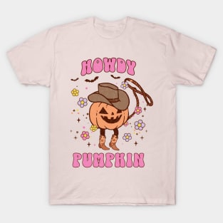 Western Halloween Howdy Pumpkin Pink Jack O Lantern Retro Cowboy T-Shirt
